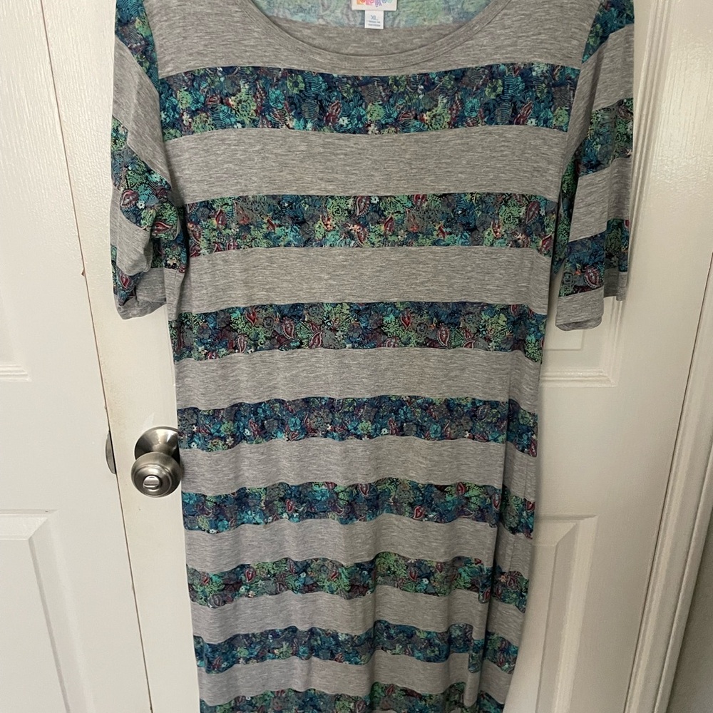 Lularoe Julia Gray & Teal Striped Floral Midi Dress